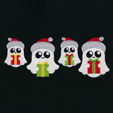 Four embroidered white ghosts with big eyes, each wearing a red Santa hat with gray trim and holding a red or green gift with a contrasting bow, on black fabric.