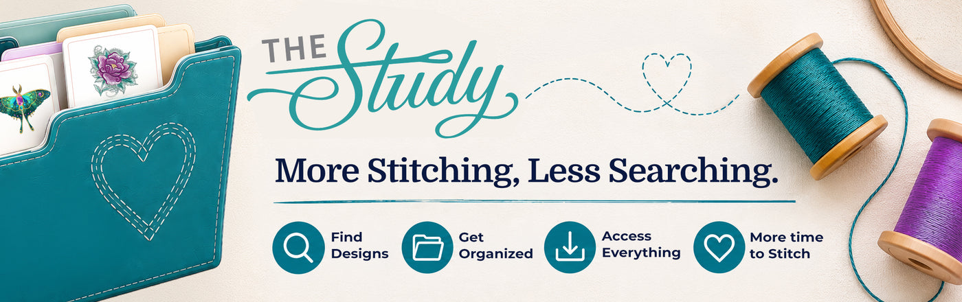 Promotional graphic for a digital sewing pattern bundle titled 'The Study' with the tagline 'More Stitching, Less Searching.' The design shows a teal fabric organizer with a stitched heart, thread spools, and four teal icons with text: 'Find Designs,' 'Get Organized,' 'Access Everything,' and 'More time to Stitch."