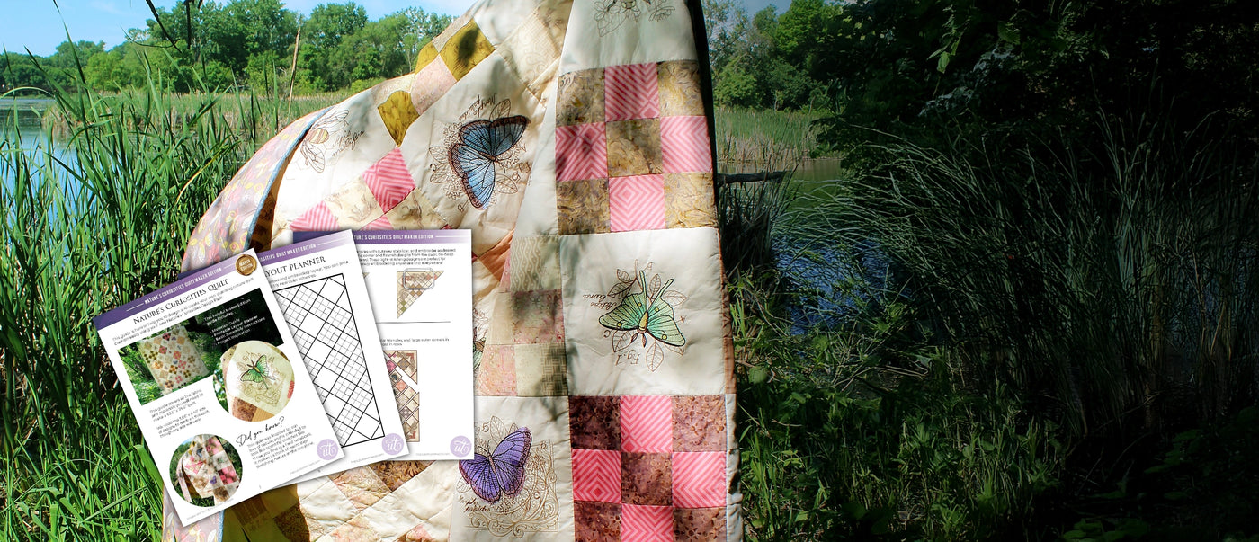 machine embroidery insect designs on a quilt next to a lake with an overlay of project instructions