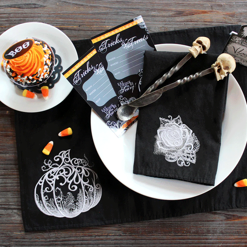 Revolving set of images depicting halloween themed machine embroidery projects.