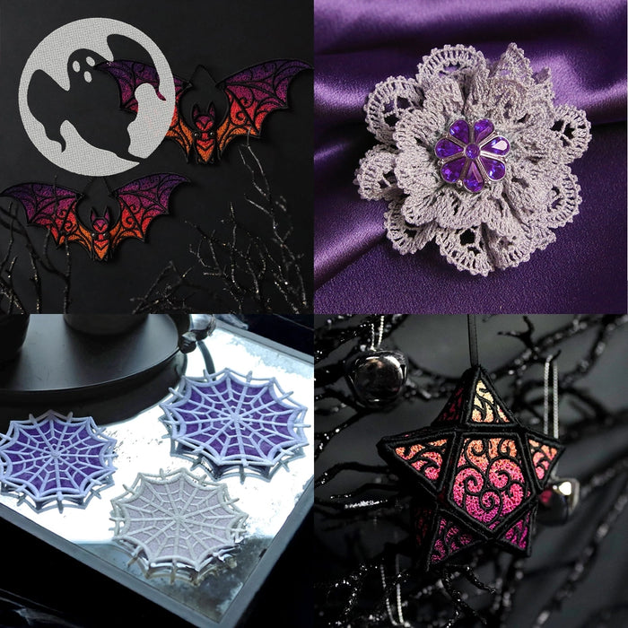 Collage of Halloween-themed decorative machine embroidery designs including bats, spider webs, and a flower with purple center on a purple satin background.