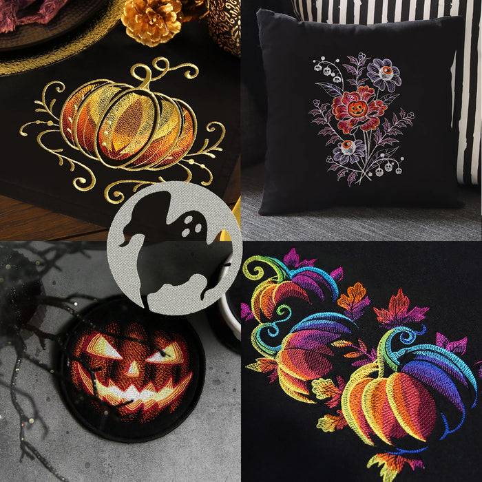 Collection of machine embroidery designs including pumpkins, flowers, and a ghost on black fabric.