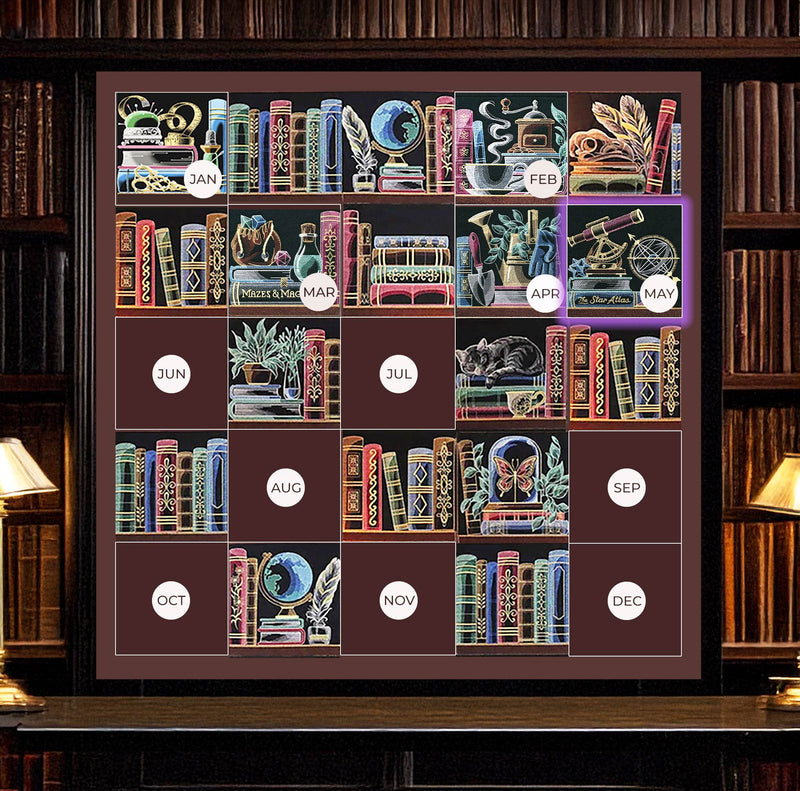 Illustrated machine embroidered bookshelf scene arranged in a monthly grid, featuring colorful books, celestial objects, plants, and animals, with labeled spaces from January to December.