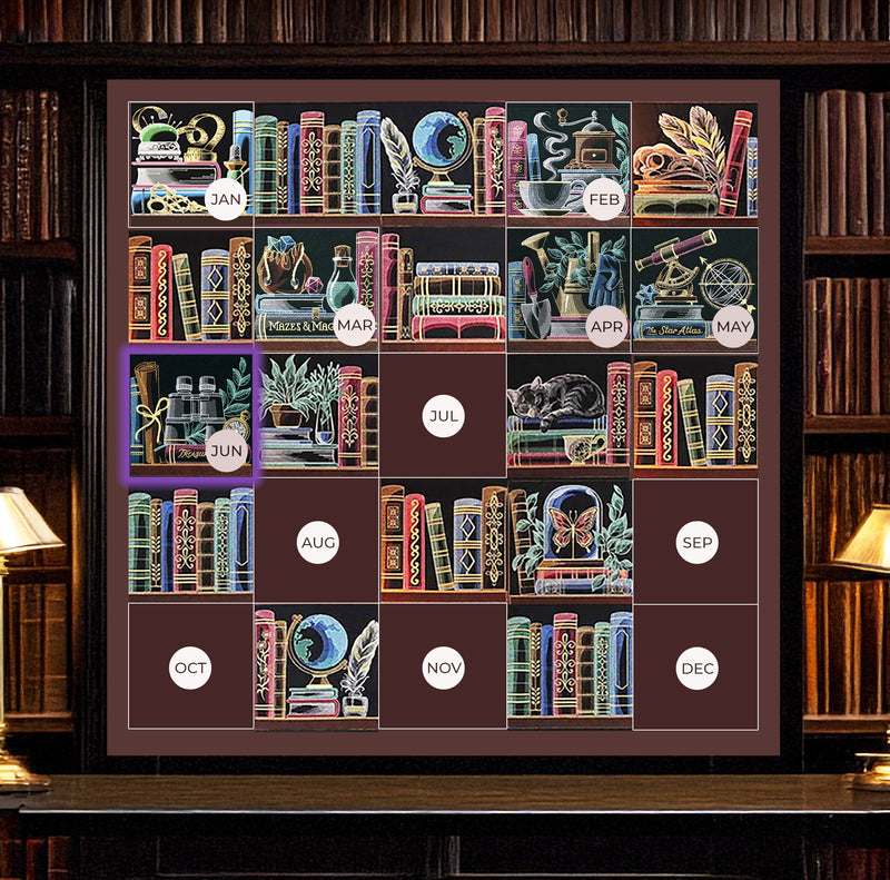 Machine embroidered bookshelf wall hanging with artistic bookshelf designs on a dark background