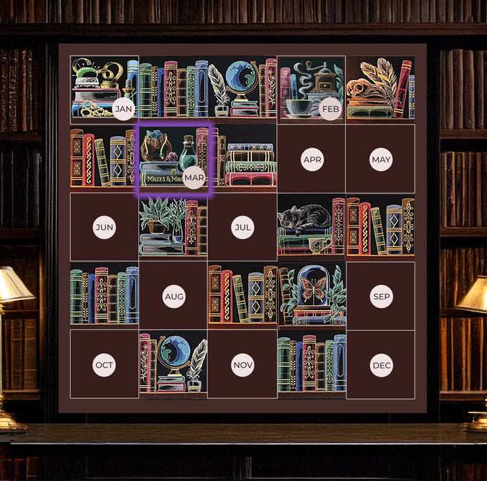 Machine embroidery bookshelf designs on a wall hanging with promotional months 