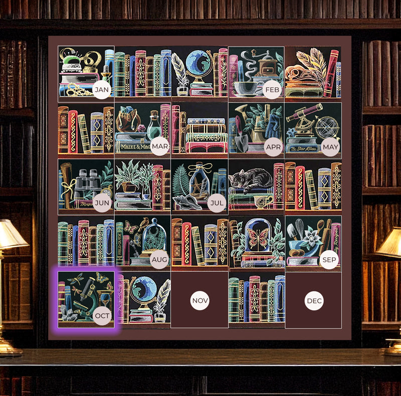 A bookshelf themed machine embroidered wall hanging featuring whimsical, colorful embroidery designs of books and seasonal motifs for each month, displayed on a dark wooden bookshelf between two lit lamps.