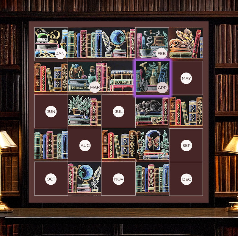 Decorative machine embroidery bookshelf designs with month text on missing blocks.