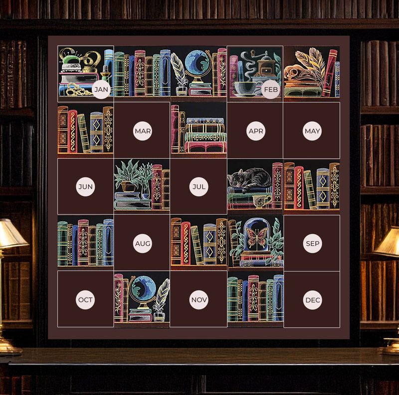 Promotional machine embroidery bookshelf designs with month text 