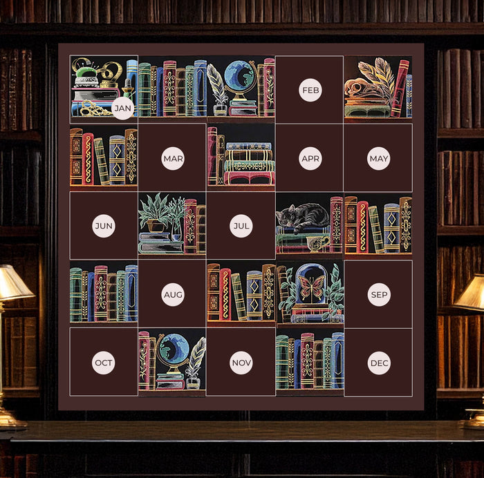 Decorative machine embroidery bookshelf designs with promotional month text next to books.