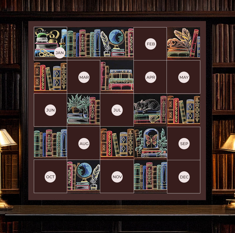 Decorative machine embroidery bookshelf designs with promotional month text next to books.