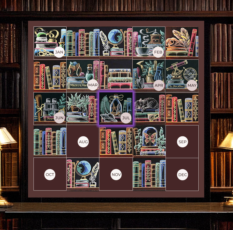 Decorative wall hanging with machine embroidered  bookshelf design on a wooden background