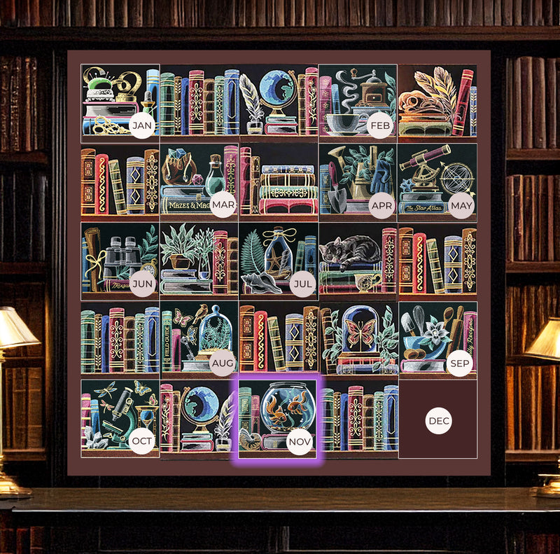 A colorful embroidered calendar with twelve book-themed panels for each month, featuring books, objects, plants, and animals on dark backgrounds with month labels.