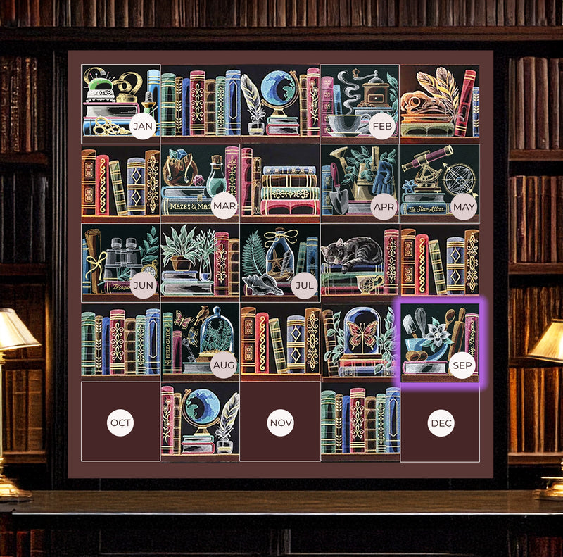A bookshelf themed machine embroidered wall hanging featuring whimsical, colorful embroidery designs of books and seasonal motifs for each month, displayed on a dark wooden bookshelf between two lit lamps.