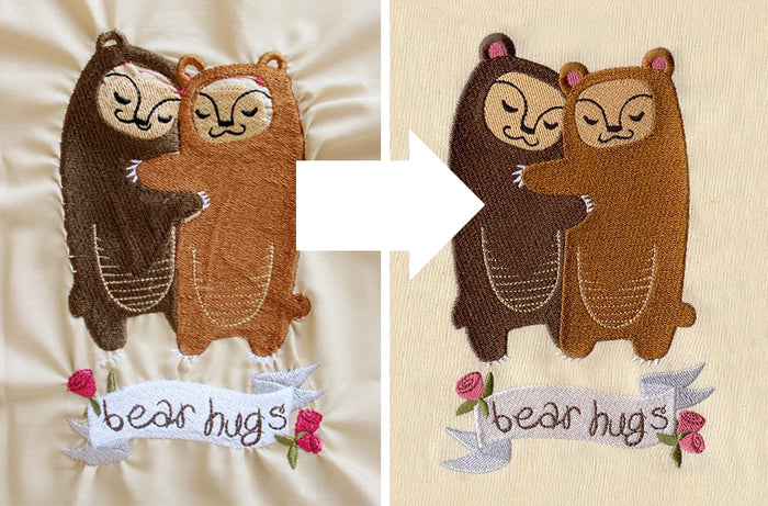 Two machine embroidered bear designs with a 'bear hugs' banner on a beige background.