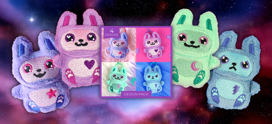 Four knitted bunny characters in pastel colors (lavender, pink, mint green, and light blue) arranged around a central inset showing a design pack preview, set against a starry galaxy background.