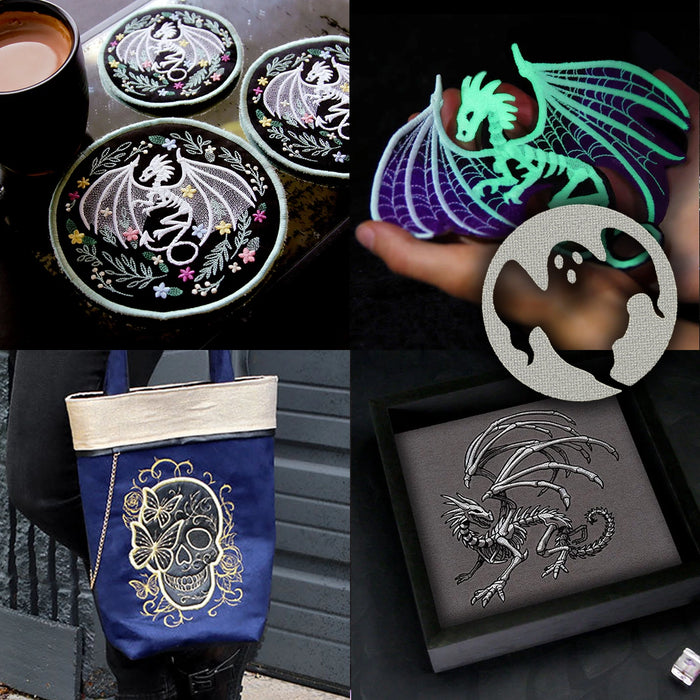 A 2x2 collage showing four views of a gothic dragon-themed product: three black coasters with embroidered white dragons, a blue tote bag with a gold dragon design worn by a person, a hand holding a glowing green dragon cutout, and a silver dragon figurine in a gift box.