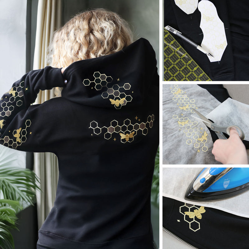 A person wearing a black sweatshirt with bee designs and then step-by-step photos of making the sweatshirt.