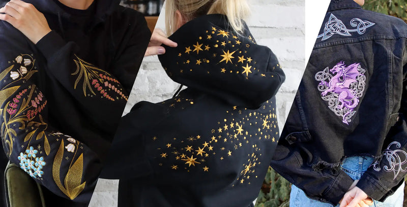 Three clothing items with machine embroidered designs including flowers, stars, and dragon a neutral background
