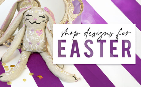 In-the-hoop machine embroidery bunny on a purple and white stripped background and text 'Shop designs for Easter'