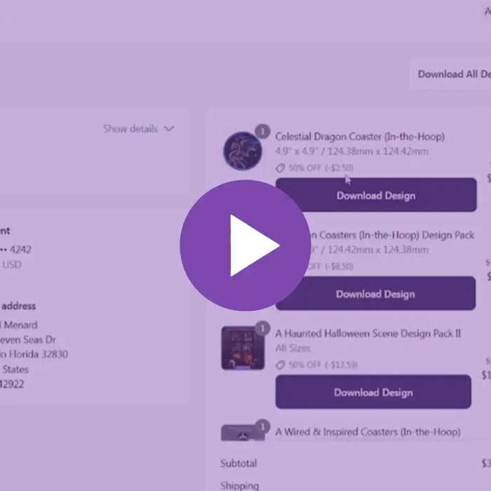 Product listing with 'Download Design' buttons on a purple background