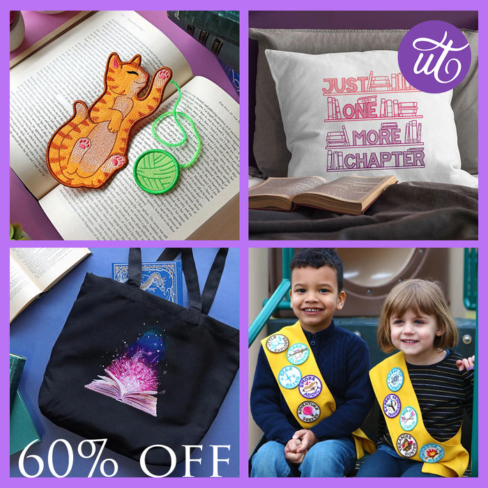 A four-panel promotional collage of machine embroidery projects with a purple border. 