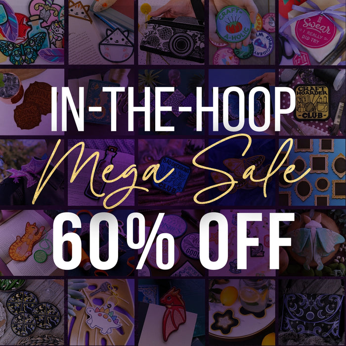 Promotional graphic for 'In-the-Hoop Mega Sale' with 60% off text on a collage of embroidery designs.