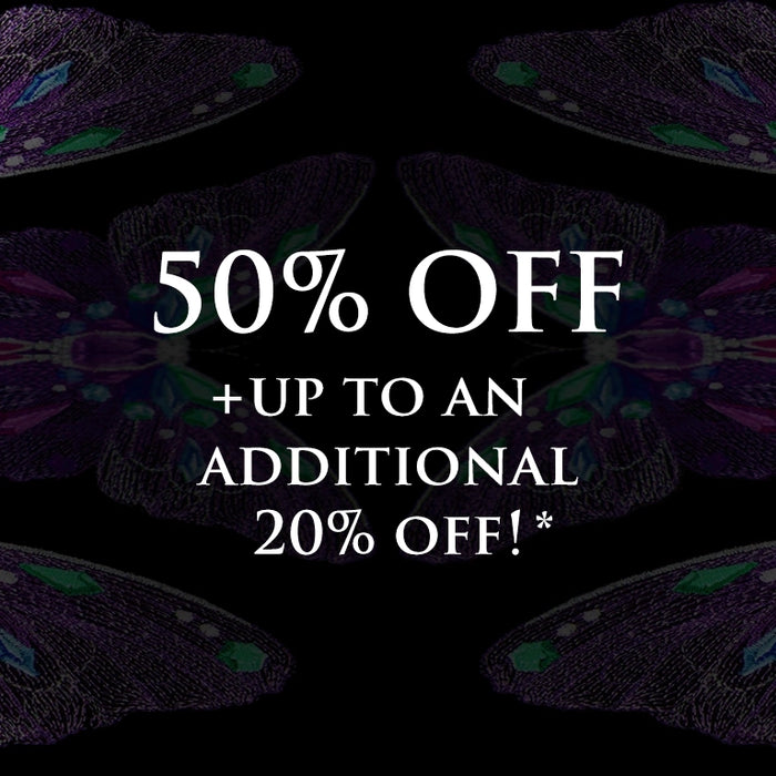 Promotional text overlay with '50% OFF + Up to an Additional 20% OFF!' on a dark background with butterfly graphics.