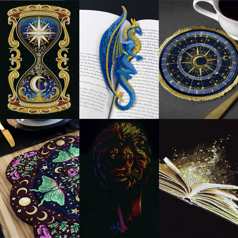 A collage of different machine embroidered designs - in-the-hoop skeleton kitty, freestanding dragon, glowing book, rainbow tiger, and more.