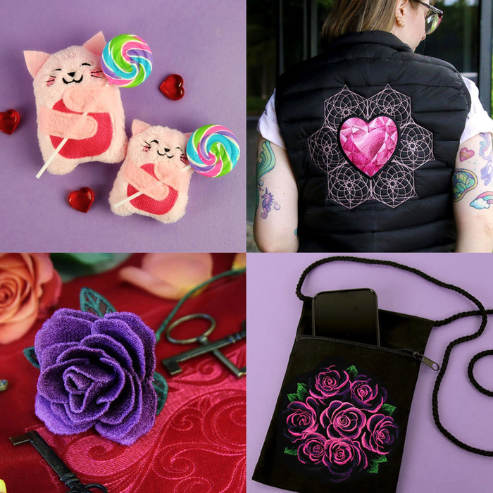 Collage of machine embroidered items including plush toys, a heart design on a vest, a freestanding purple rose, and a floral design on a bag.