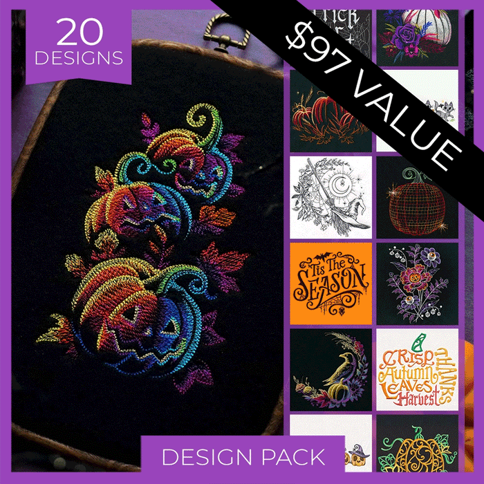 Animated graphic showcasing a variety of Urban Threads machine embroidery design value packs, featuring themed collections such as dragons, Christmas, and more.