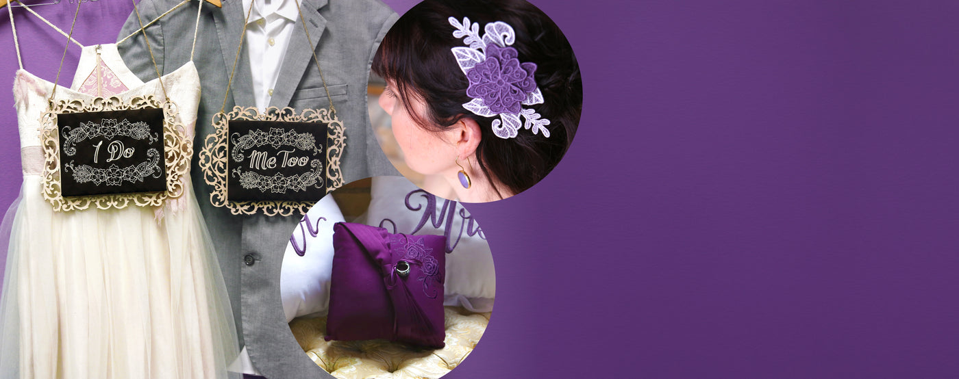 Promotional banner with machine embroidered wedding accessories including a dress, tuxedo, and decorative items on a purple background.