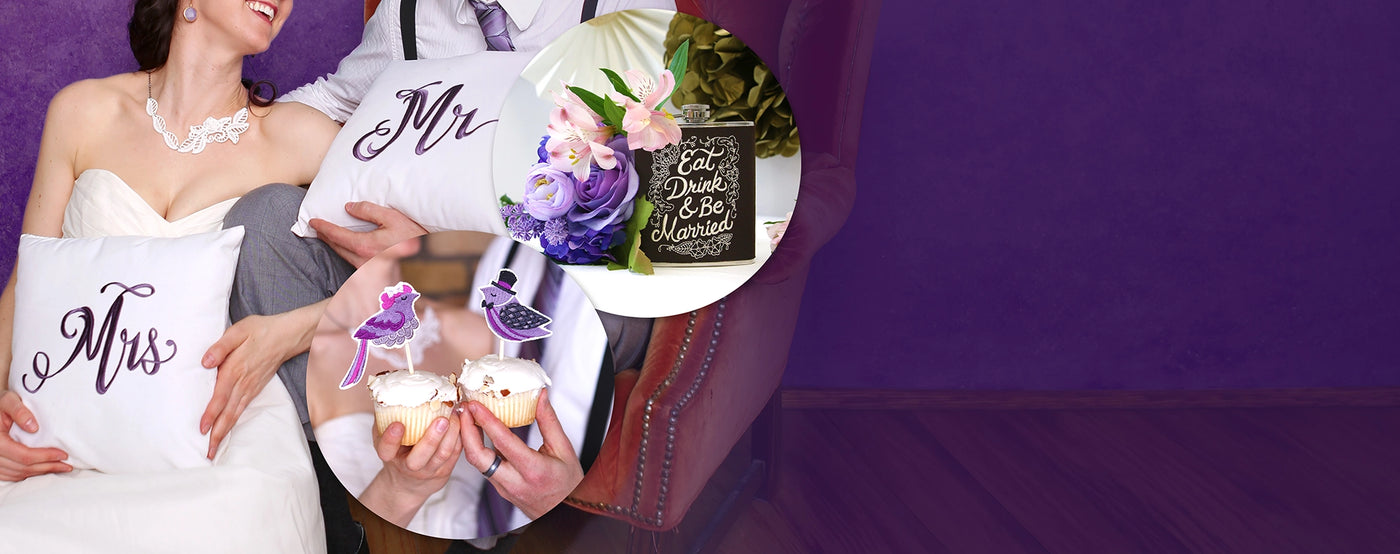 Couple holding 'Mr' and 'Mrs' machine embroidered pillows with a bouquet and a sign on a purple background