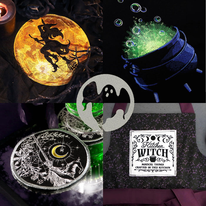 Collage of witch-themed  machine embroidery designs with motifs including a moon lamp, cauldron, coin, and sign.