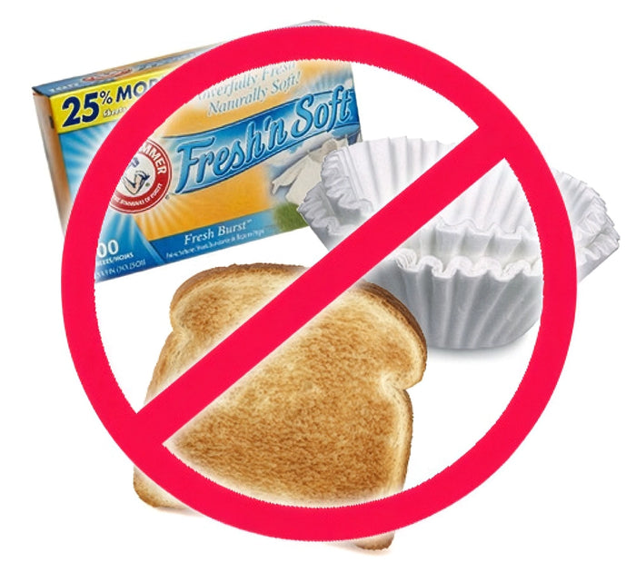 Dryer sheets box, coffee filters and toasted bread with a red prohibition symbol over them.