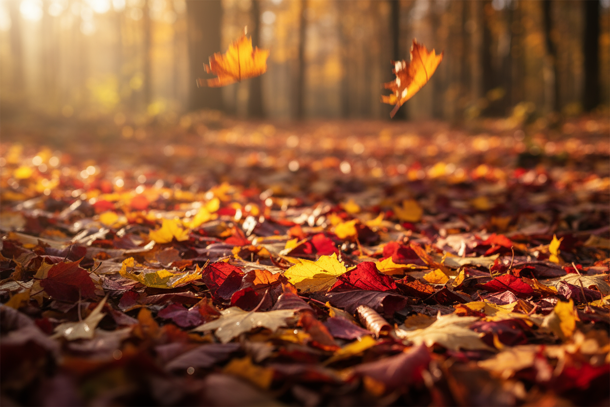 Fall leaves in a forest surrounded by trees