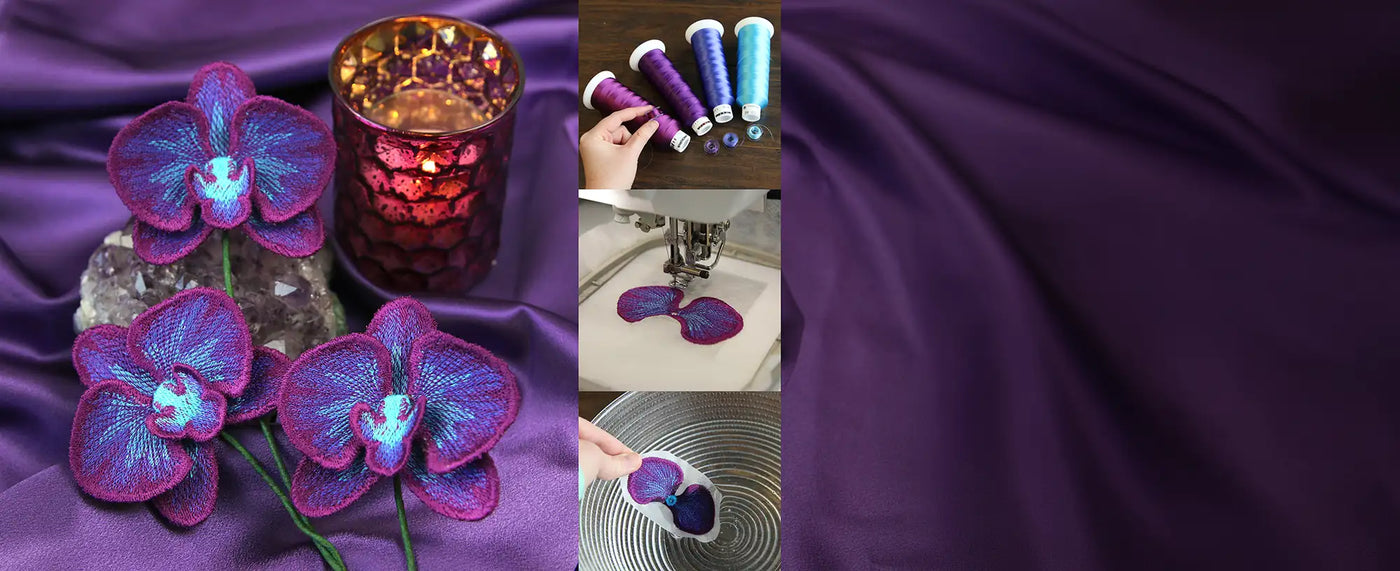 a collage of how to make a machine embroidery freestanding flower